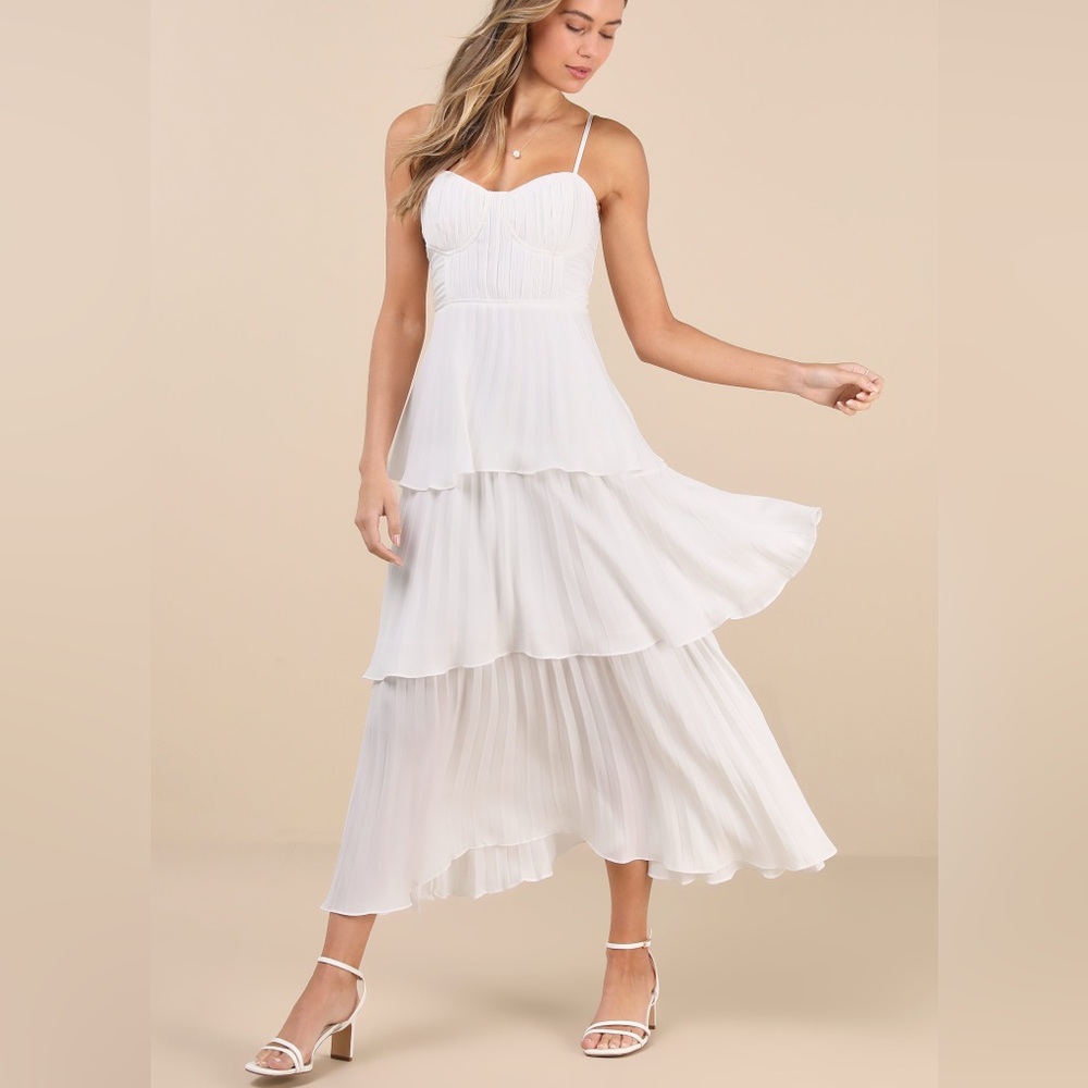 Lulus Cascading Crush White Tiered Bustier Midi Dress